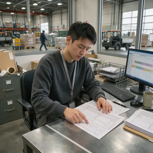 a worker at a metal desk reviewing printed order sheets next to a computer showing a production calendar in a warehouse office