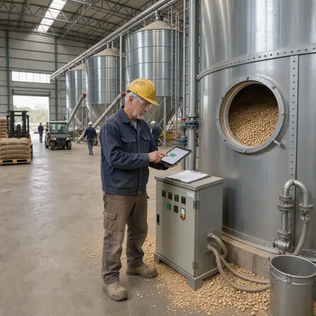 a worker in a hard hat using a tablet to check inventory levels beside towering silos filled with raw peanuts in a large warehouse