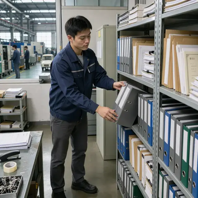 a worker organizing stacks of supplier certificates and production log binders on a metal shelf in a manufacturing office