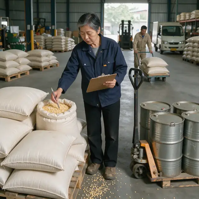 a worker in a warehouse checking sacks of popping corn and drums of frying oil against an inventory clipboard