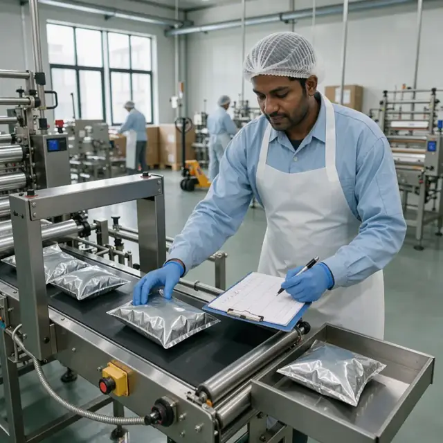 a worker in hairnet and gloves checking a bag of chips on a metal detector conveyor while updating a quality log sheet