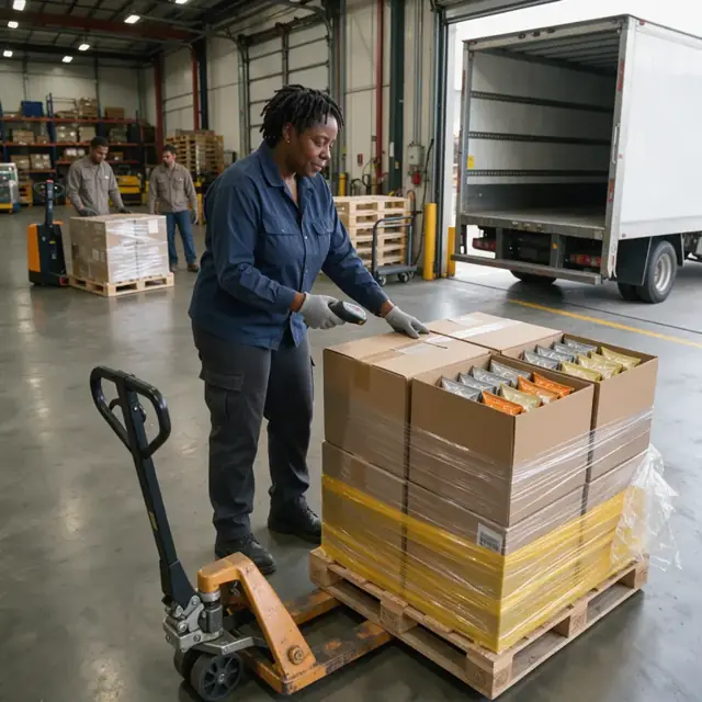 a worker scanning pallets of boxed snack bags with a handheld device before loading them onto a truck dock