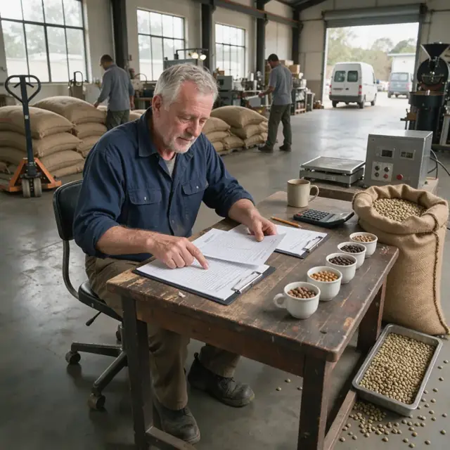 a worker at a wooden desk reviewing printed order specifications next to open bags of green coffee beans and sample roast cups