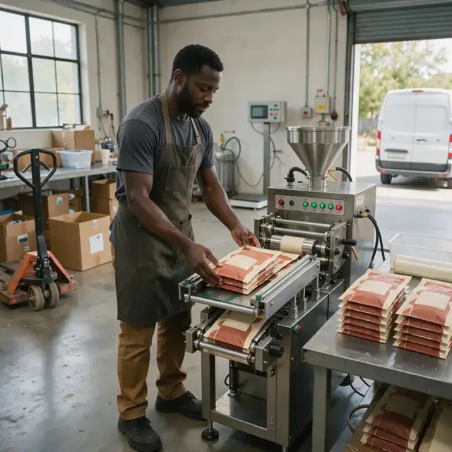 a worker feeding pre-printed coffee bags into an automated filling machine with stacks of sealed bags on a nearby table