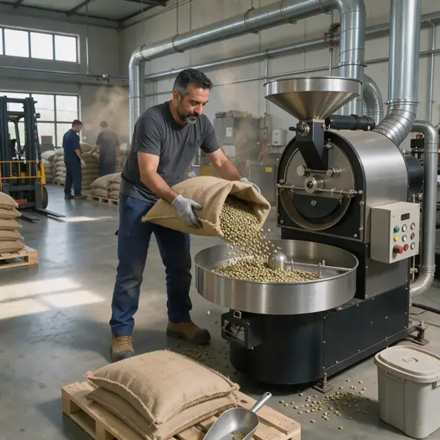 a worker loading green coffee beans into the hopper of a large commercial coffee roaster inside a ventilated production facility