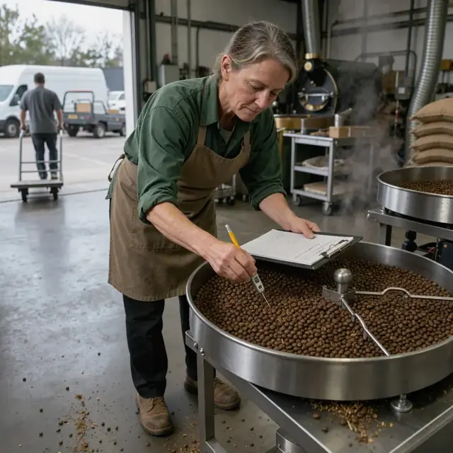 a worker using a digital probe to measure roast temperature while writing results on a clipboard beside a cooling tray of freshly roasted beans