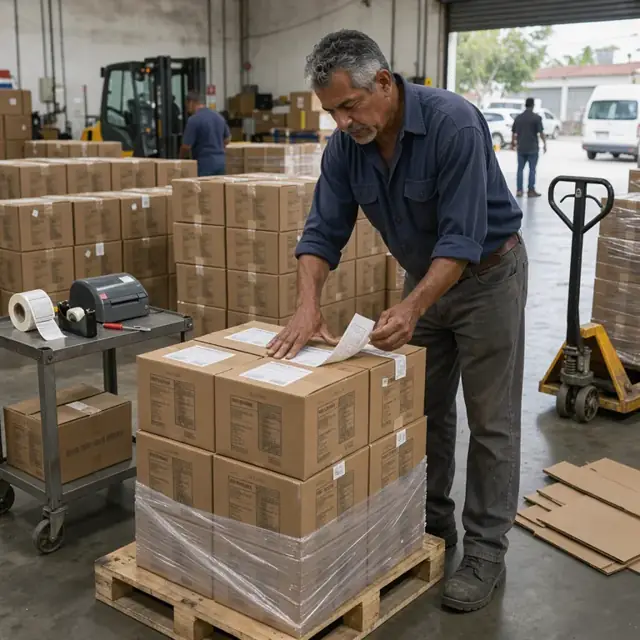 a worker applying shipping labels to cases of packaged tea and coffee on a pallet in a loading dock area