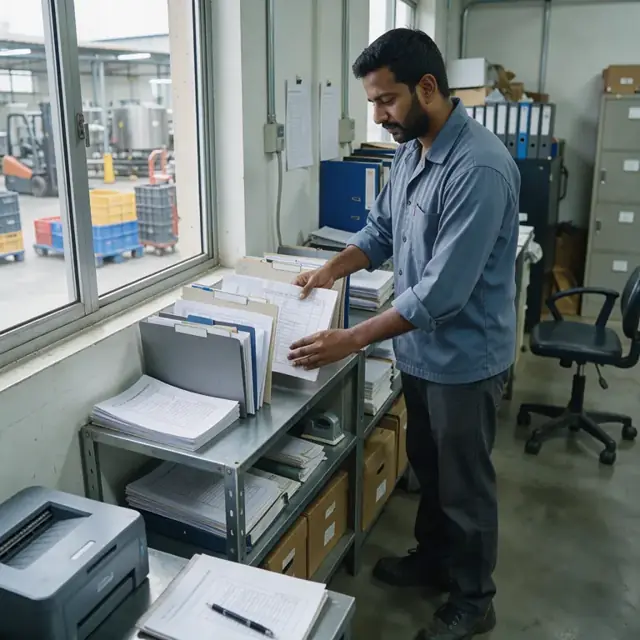 a worker organizing printed batch records and test reports into labeled folders on a metal shelf in a production office