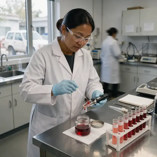 a technician in a laboratory coat using a refractometer to measure Brix on a sample of red syrup next to a row of labeled test tubes