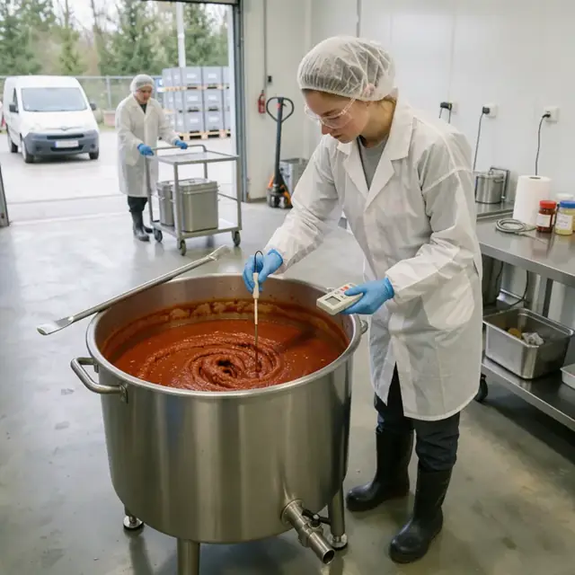 a worker in protective gear measuring the pH of a large stainless mixing kettle filled with red sauce using a probe