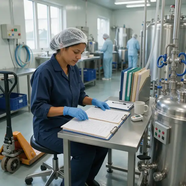 a worker organizing folders of batch records and temperature charts at a desk beside stainless steel processing equipment