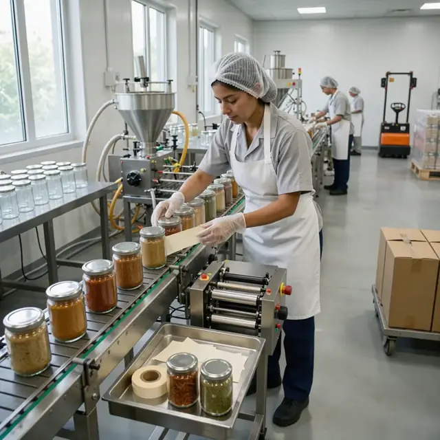 a worker applying labels to glass jars of blended spices on a packaging line in a clean manufacturing room