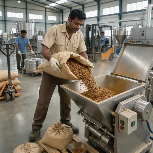 a worker pouring roasted spices from a large sack into an industrial ribbon blender in a brightly lit manufacturing facility