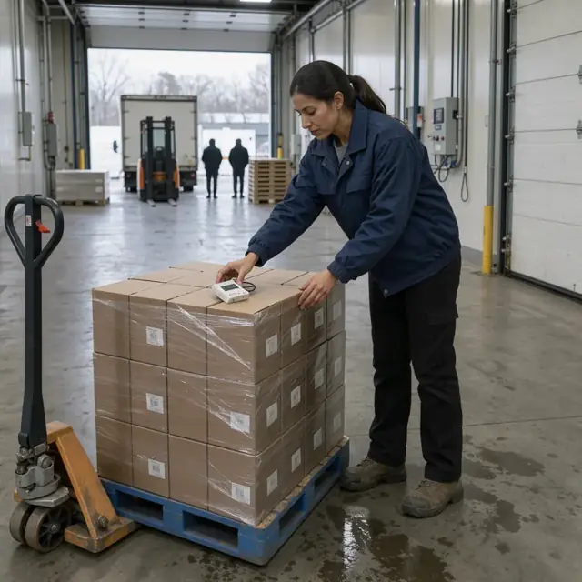 a worker placing a temperature data logger on top of a pallet of stacked cases inside a refrigerated loading dock
