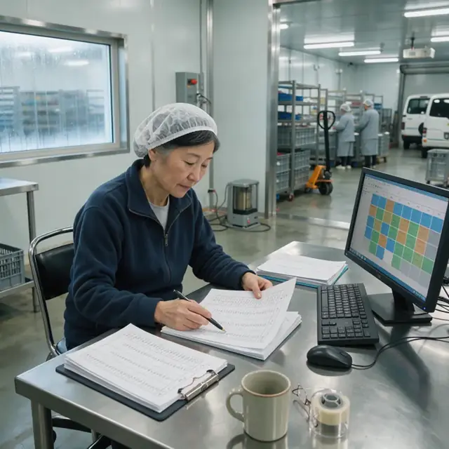 a worker at a stainless steel desk reviewing printed orders next to a computer monitor showing production calendar in a refrigerated office