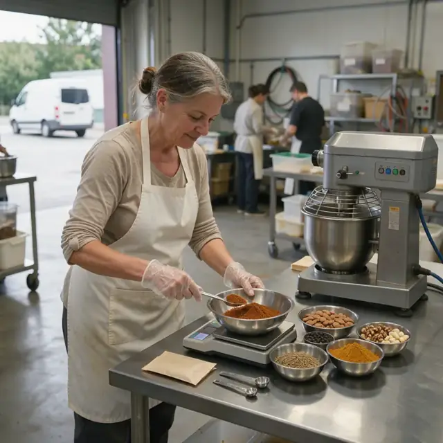 a worker weighing precise amounts of nuts and spices on a digital scale beside a large industrial mixer