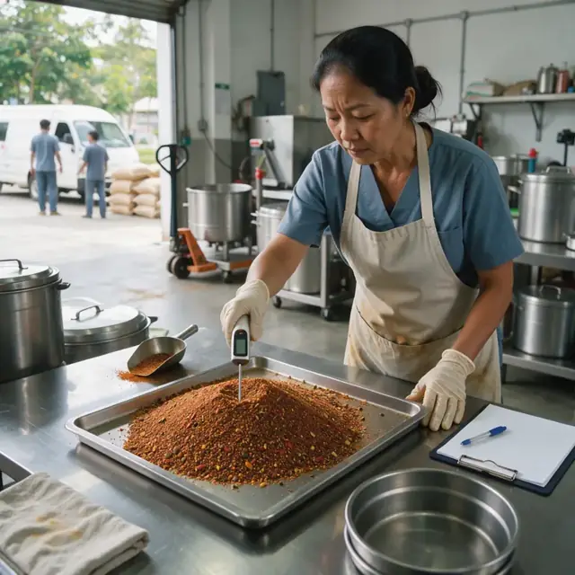 a worker using a thermometer to check the temperature of a spice blend cooling on a stainless steel table with a clipboard nearby