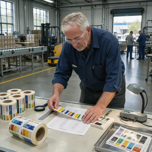 a worker comparing a printed beverage label against a formula sheet at a well-lit inspection table with rolls of labels nearby