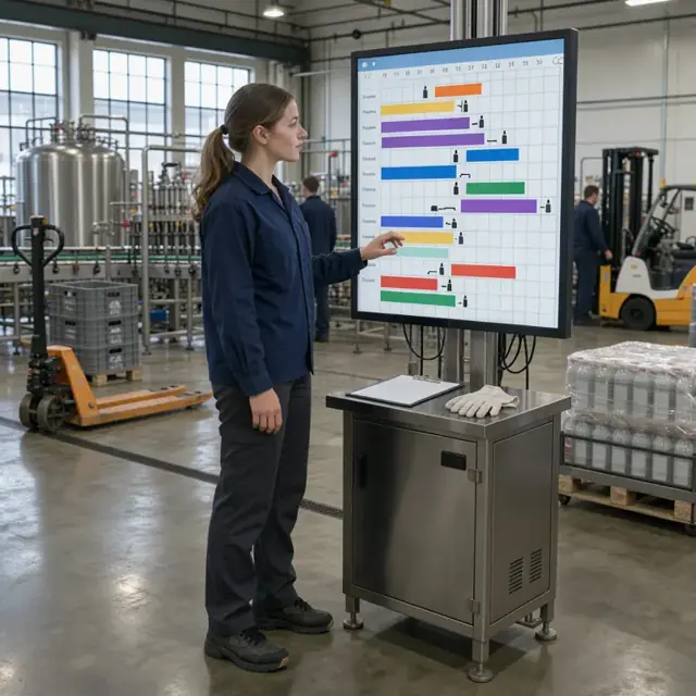 a worker standing at a large digital screen displaying tank and filler line schedules with colored blocks for different flavors in a beverage manufacturing facility