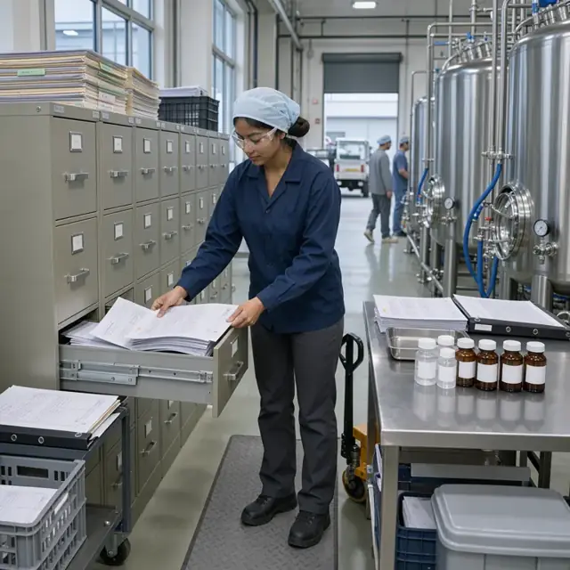 a worker organizing printed batch records and sample bottles in a filing area next to stainless steel production tanks