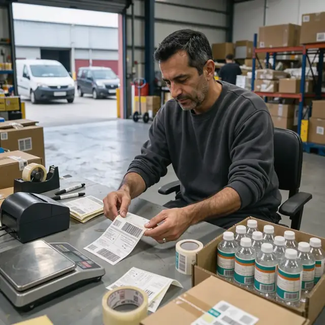 a worker at a desk preparing shipping labels next to a case of bottled water with custom branding on the label