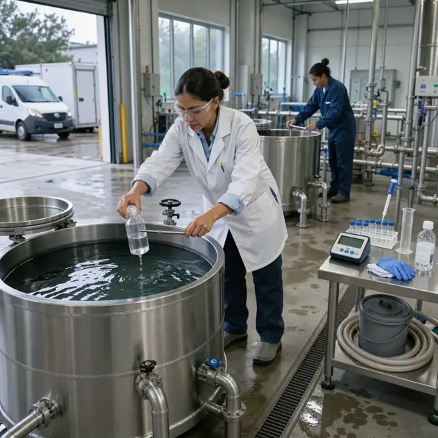 a worker in a lab coat collecting a water sample from a stainless steel treatment tank with testing equipment on a nearby bench