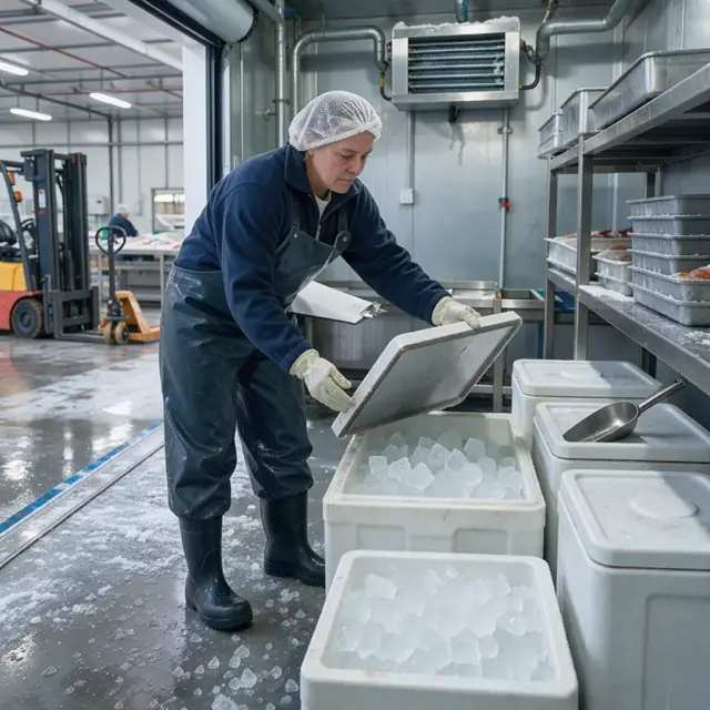 a worker checking inventory levels of cubed ice in a commercial walk-in freezer at a seafood processing facility
