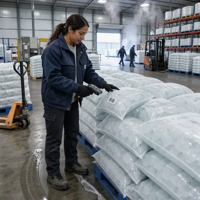 a worker scanning barcodes on stacked pallets of bagged ice inside a large refrigerated warehouse