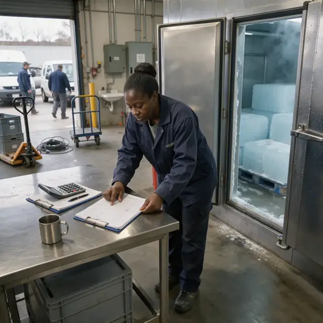 a worker at a metal desk reviewing order sheets next to a large walk-in freezer door with ice blocks visible inside
