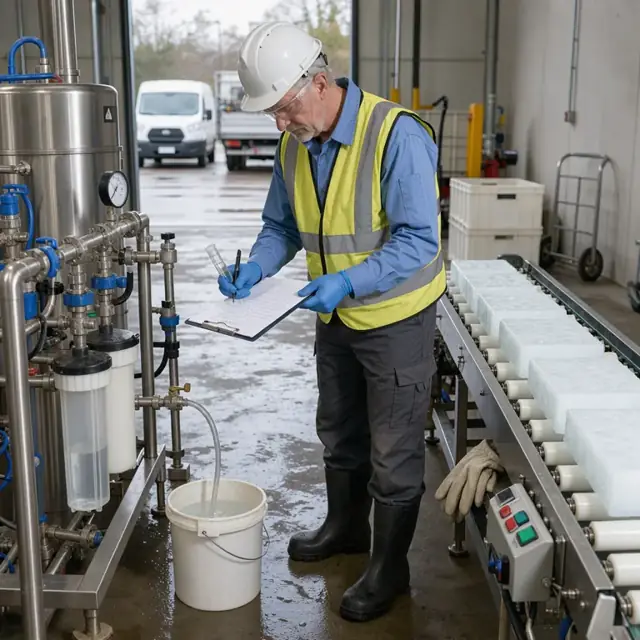 a worker in protective gear testing water from a treatment system and noting results on a clipboard beside an ice production line