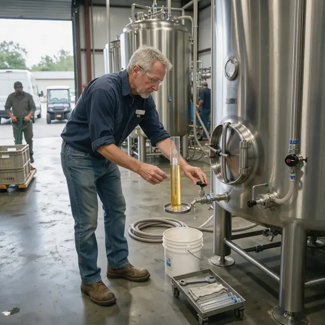 a worker taking a gravity reading with a hydrometer from a sample valve on a large stainless fermenter
