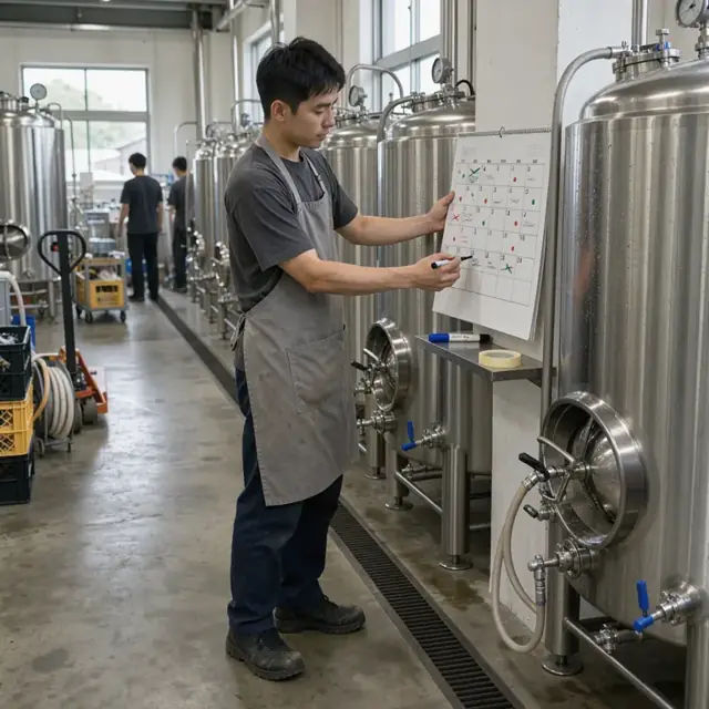 a worker updating a wall calendar with brew dates beside rows of stainless fermentation tanks