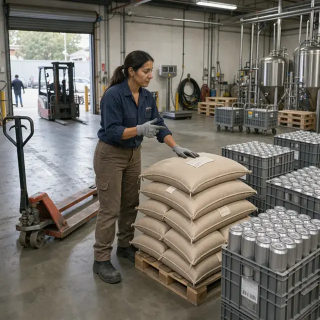 a worker counting sacks of grain and cases of empty cans in a brewery storage room