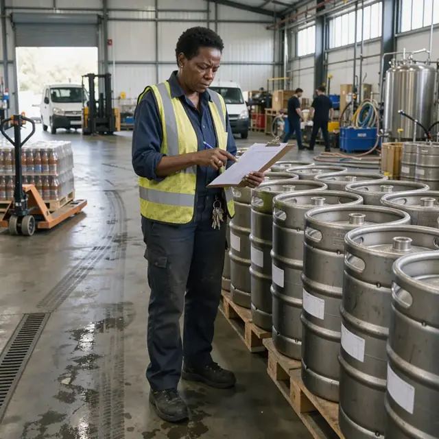 a worker reviewing order sheets next to stainless steel kegs in a brewery warehouse