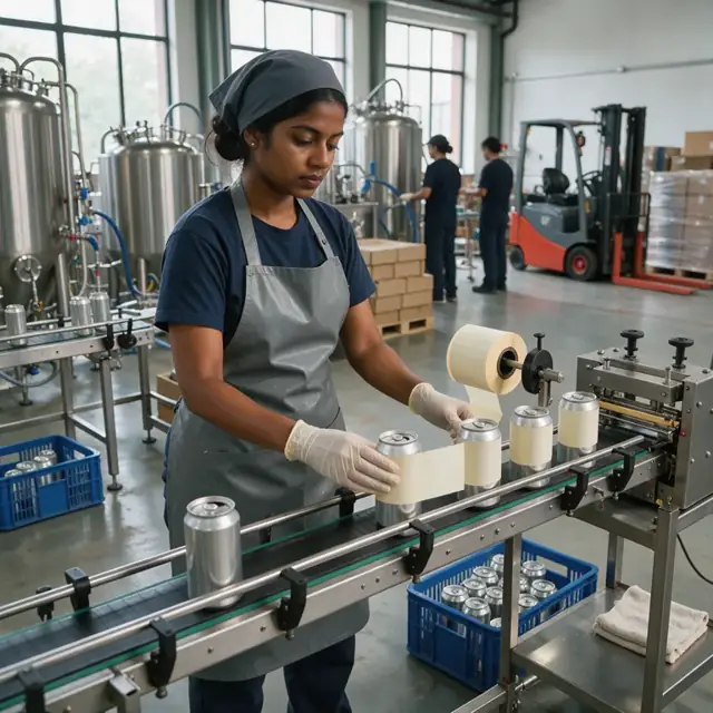 a worker applying labels to beer cans moving along a small canning line in a brewery
