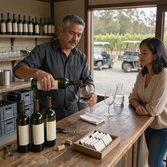 a tasting room employee pouring wine into a glass for a customer at a wooden bar with open bottles and membership cards nearby