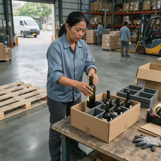 a worker in a warehouse placing wine bottles into a partitioned shipping box lined with foam inserts