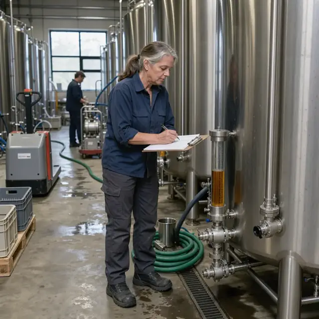 a cellar worker using a sight glass on a large stainless tank while updating numbers on a clipboard