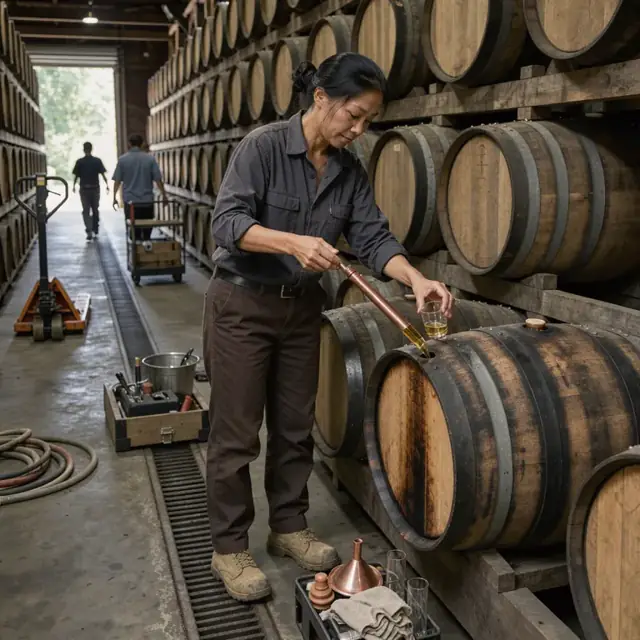 a worker using a thief to sample whiskey from a charred oak barrel inside a dimly lit rickhouse