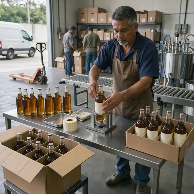 a worker applying labels to glass bottles on a manual bottling line next to cases of finished spirits