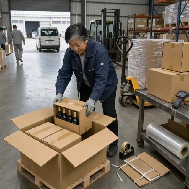 a worker packing sealed cases of bottled spirits into a shipping carton in a warehouse loading area
