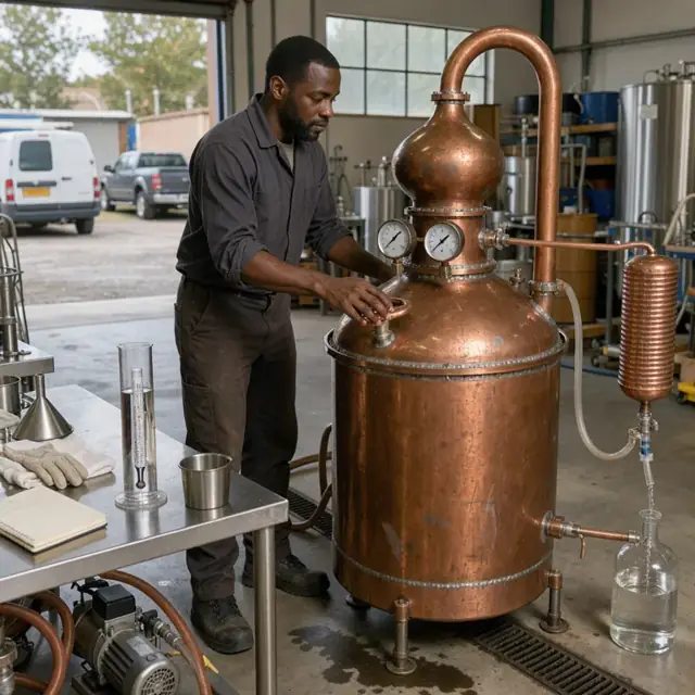 a worker monitoring a copper pot still during a run with gauges and a hydrometer on a stainless table