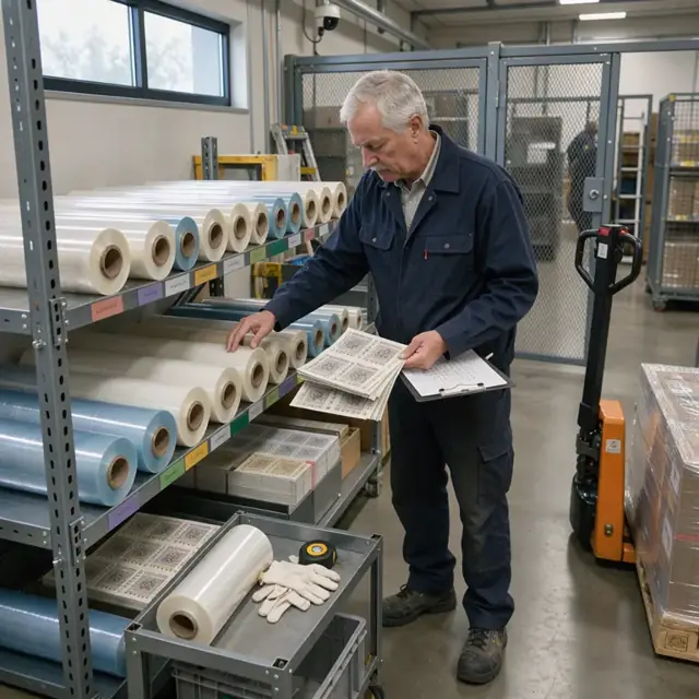 worker counting rolls of packaging film and sheets of tax stamps on shelves in a secure storeroom