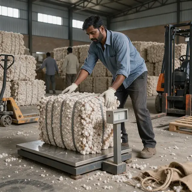 a worker weighing a bale of raw cotton on an industrial scale in a fiber storage warehouse
