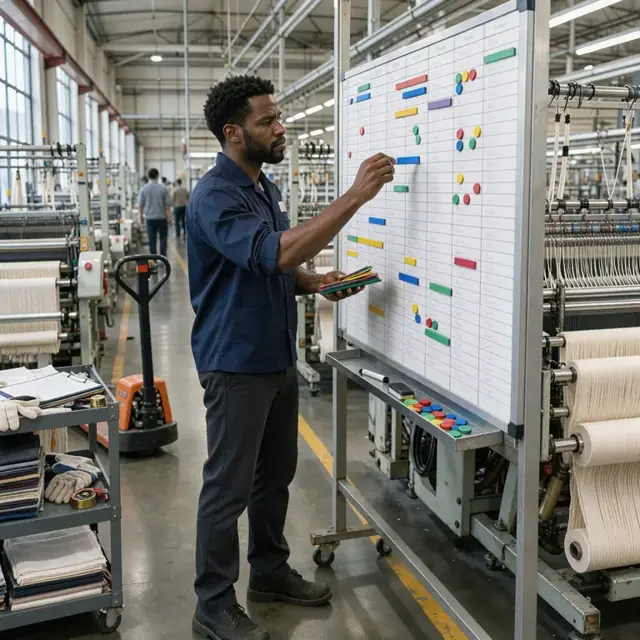 a worker updating a large production schedule board in front of rows of industrial weaving looms