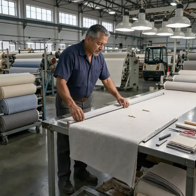 a worker measuring fabric width and inspecting for defects on a large inspection table under bright lights in a mill