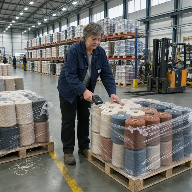 a worker scanning yarn cones on pallets in a high-bay textile mill warehouse with overhead lighting
