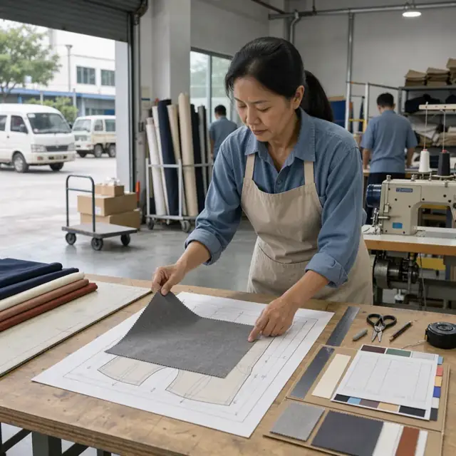 a worker at a work table examining a physical fabric swatch and technical drawing next to an open order folder