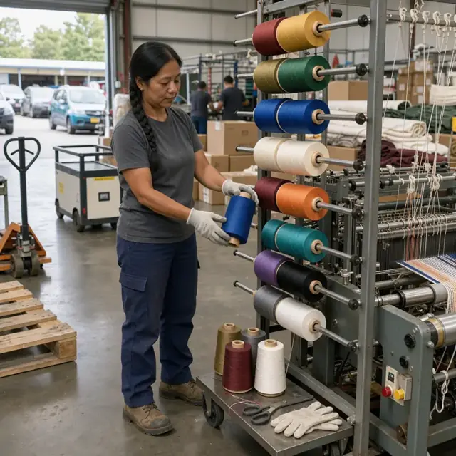 a worker loading multiple spools of colored thread onto a creel rack beside a narrow fabric loom