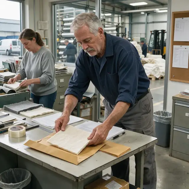 a worker in a mill office placing a sample swatch of nonwoven fabric into a shipping envelope with paperwork on a table